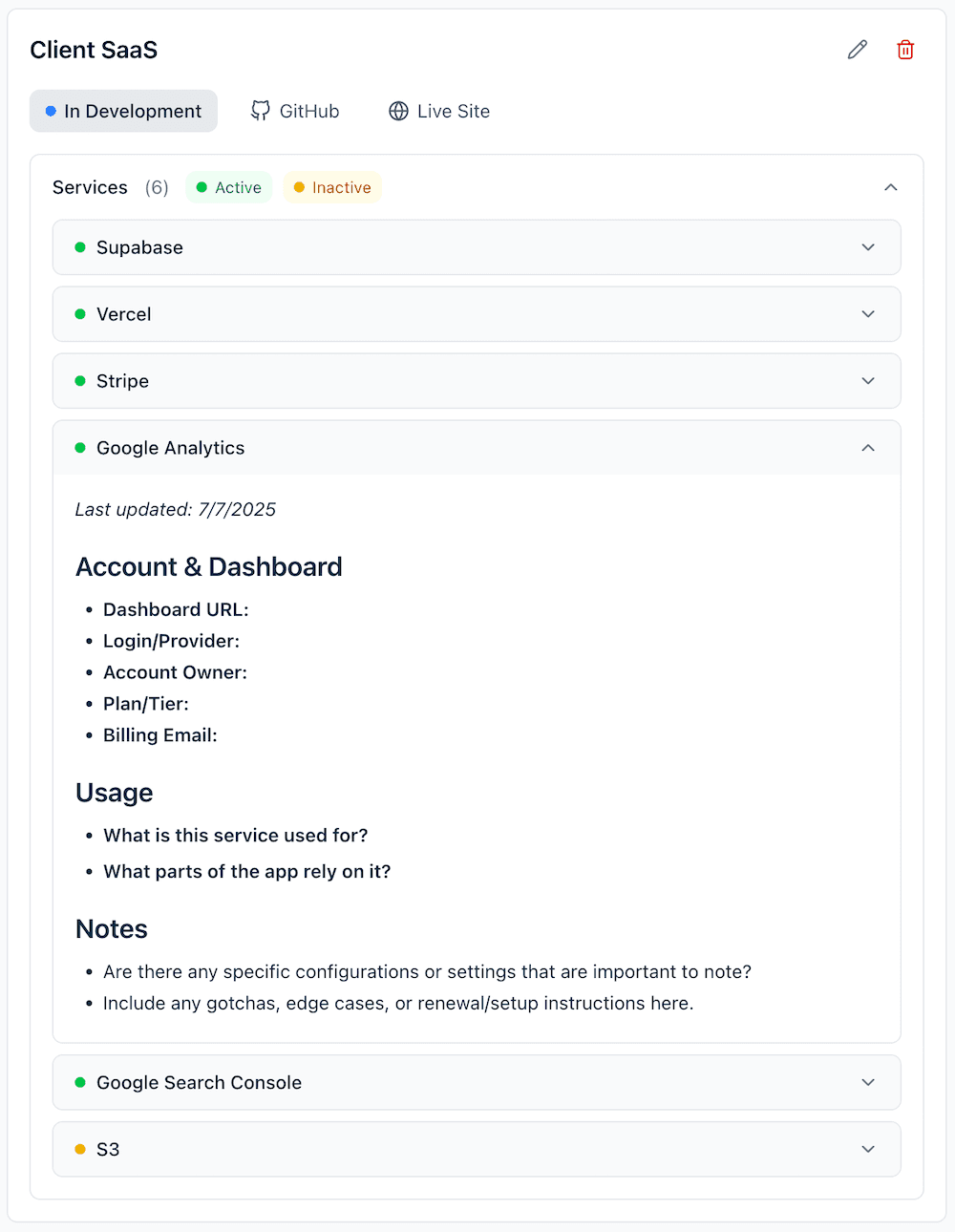 Service documentation